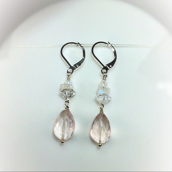 Rose Quartz, Moonstone & Diamond Silver Earrings! - Picture 1 of 8